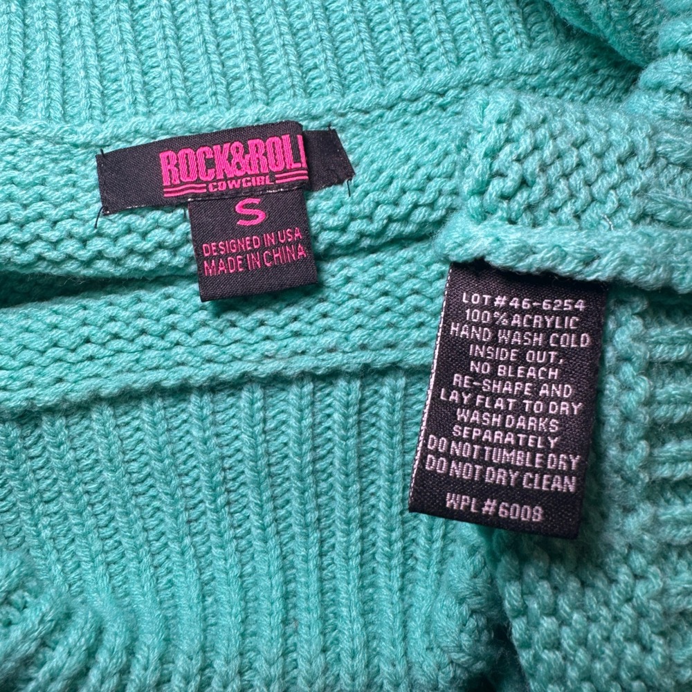 Rock‎ & Roll Cowgirl Turquoise Fringe Off Shoulder Knit Sweater Size S - Picture 8 of 9